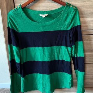 Kelly green & navy striped Banana Republic long sleeve top with shoulder detail